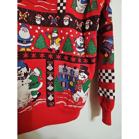 Vtg Christmas Crewneck Nutcracker Red Sweatshirt M Snowman Checks - Picture 3 of 6